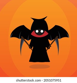 A cute cartoon mascot in the shape of a sickle.The grim reaper held a sickle in both hands. Illustration for Halloween