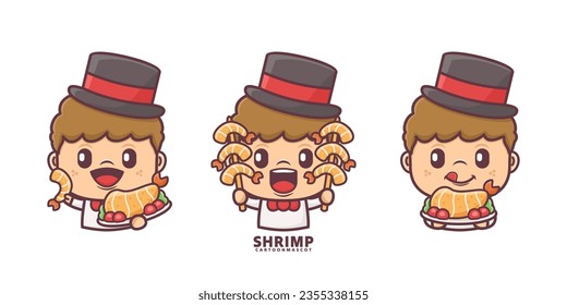 cute cartoon mascot with shrimp. set cartoon vector with different expressions, suitable for, logo brand, stickers, icons, etc.