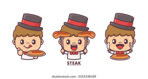 cute cartoon mascot with steak. set cartoon vector with different expressions, suitable for, logo brand, stickers, icons, etc.