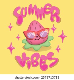 Cute cartoon mascot strawberry with sunglasses on yellow background. Enjoy Summer Vibes funky groovy print.	