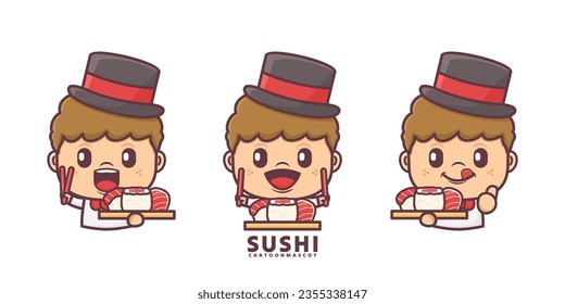 cute cartoon mascot with sushi. set cartoon vector with different expressions, suitable for, logo brand, stickers, icons, etc.