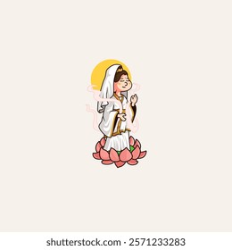 A cute cartoon mascot of the very beautiful Goddess Kwan Yin or Bodhisattva of Compassion giving forgiveness and assistance to her people