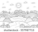 Cute cartoon meadow with mountain, bunny and river. Kids coloring page.