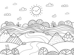 Cute Cartoon Meadow With Mountain, Bunny And River. Kids Coloring Page.