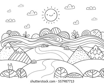 Cute cartoon meadow and mountain  bunny   river  Kids coloring page 