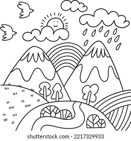 Cute cartoon meadow with mountain, rainbow and river. Kids coloring page.