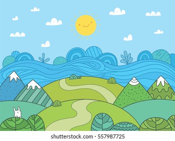 Cute cartoon meadow with mountain, river and bunny