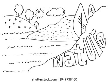 Cute cartoon meadow with mountains, plants, clouds and sun.