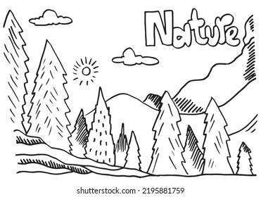 Cute cartoon meadow with mountains, plants, clouds and sun.