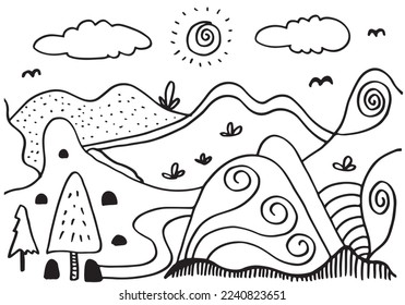 Cute cartoon meadow with mountains, plants, clouds and sun.kids coloring page.