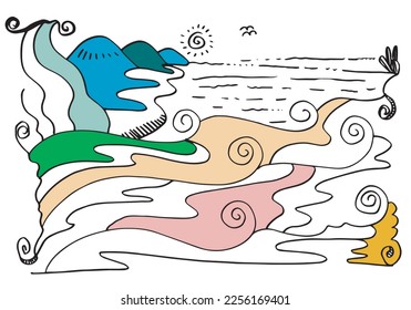 Cute cartoon meadow with mountains, plants, clouds and sun. abstract style.