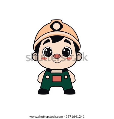 Cute Cartoon Mechanic Apprentice in Orange Helmet and Green Overalls - Adorable Vector Illustration