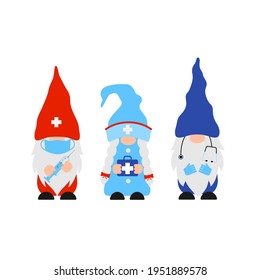 Cute cartoon Medical gnomes. Funny nurse and doctors characters . Vector template for banner, poster, greeting card, t-shirt, etc.
