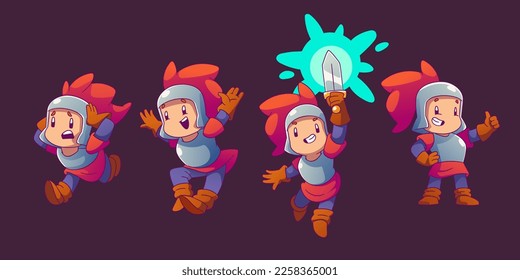 Cute cartoon medieval knight, warrior with helmet and sword. Fantasy guard character in armor suit with feathers on helmet. Little brave soldier mascot, vector illustration in contemporary style