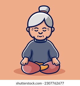 cute cartoon meditating granny isolated portrait