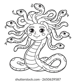uma medusa de desenho animado bonito com cabelo de cobra, desenhado em estilo de contorno preto e branco. perfeito para colorir livros ou desenhos gráficos simples.