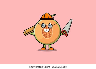Dibujo lindo Melon como carpintero con sierra y madera en un diseño de estilo moderno y plano