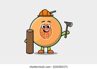 Dibujo lindo Melon como carpintero con hacha y madera de estilo moderno y plano