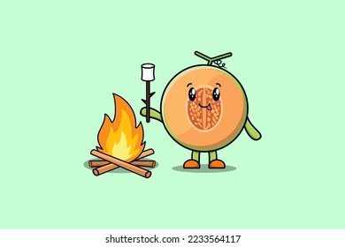 Cute cartoon Melon character is burning marshmallow