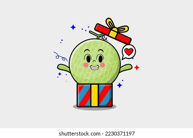 Cute cartoon Melon character coming out from big gift box look so happy flat cartoon style