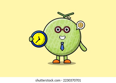 Caricatura corta Caricatura de Melon sosteniendo la ilustración del reloj con expresión feliz