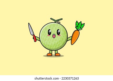 Cute cartoon Melon character holding knife and carrot in modern style design