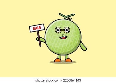 Cute cartoon Melon character holding sale sign designs in concept flat cartoon style