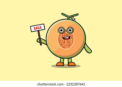 Cute cartoon Melon character holding sale sign designs in concept flat cartoon style