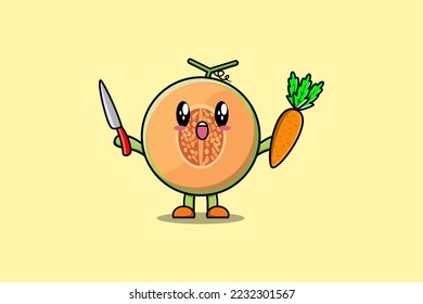 Cute cartoon Melon character holding knife and carrot in modern style design