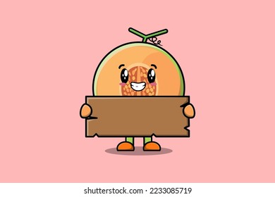 Cute cartoon Melon character holding blank wooden text board vector icon illustration