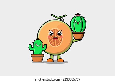 Cute cartoon Melon character holding cactus plant in pot vector icon illustration