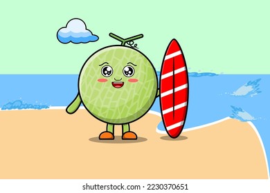 Dibujo lindo Caricatura Melón jugando con tablas de surf