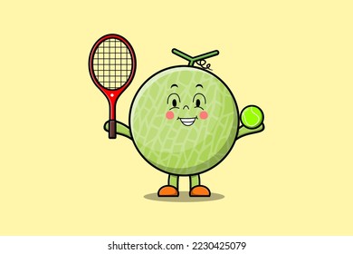 Cute cartoon Melon character playing tennis field in flat cartoon style illustration