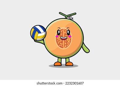 Cute cartoon Melon character playing volleyball in flat cartoon style illustration