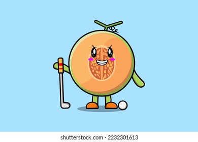 Cute cartoon Melon character playing golf in concept flat cartoon style illustration