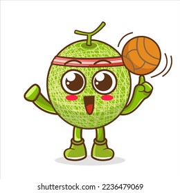 Cute cartoon Melon character playing basketball in flat modern style design illustration