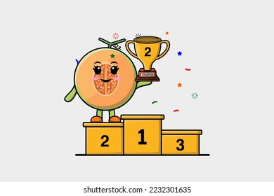 Cute cartoon Melon character as the second winner with happy expression in modern illustration