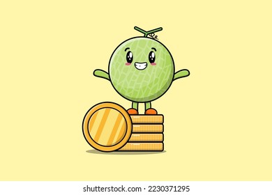 Cute cartoon Melon character standing in stacked gold coin vector illustration in flat cartoon