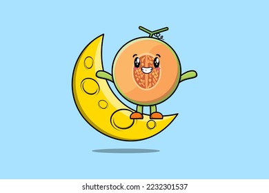 Cute cartoon Melon character standing on the crescent moon in 3d modern design illustration