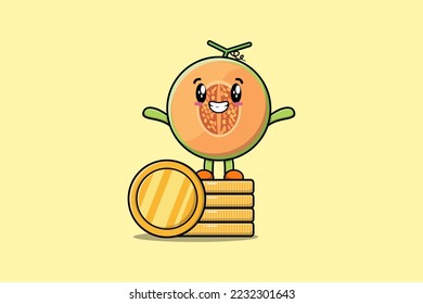 Cute Cartoon Melon-Figur, die auf gestapelte goldene Vektorgrafik in flachem Cartoon steht