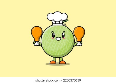 Cute cartoon Melon chef character holding two chicken thighs in flat cartoon style illustration