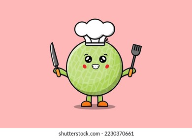 Cute cartoon Melon chef character holding knife and fork in flat cartoon style illustration