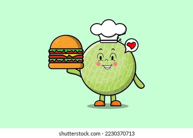 Cute cartoon Melon chef character holding burger in flat cartoon style illustration