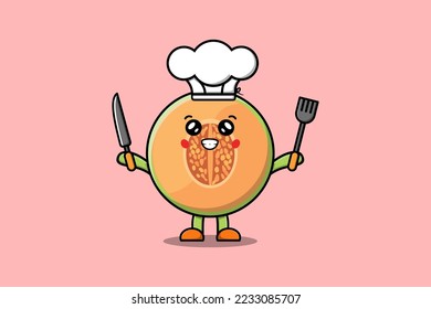 Cute cartoon Melon chef character holding knife and fork in flat cartoon style illustration