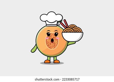 Cute cartoon Melon chef character holding noodles in bowl flat cartoon style illustration