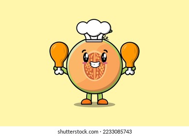 Cute cartoon Melon chef character holding two chicken thighs in flat cartoon style illustration