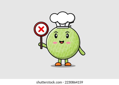 cute cartoon Melon chef holding wrong sign board in vector character illustration