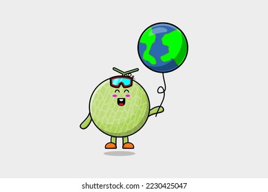 Cute cartoon Melon floating with earth balloon cartoon vector illustration