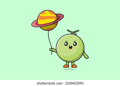 Cute cartoon Melon floating with planet balloon cartoon vector illustration
