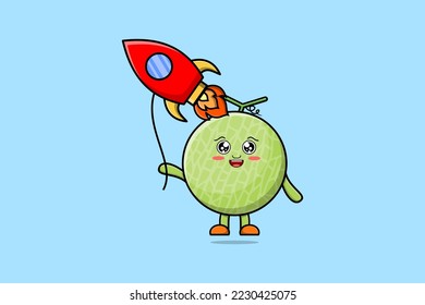 Cute cartoon Melon floating with rocket balloon cartoon vector illustration